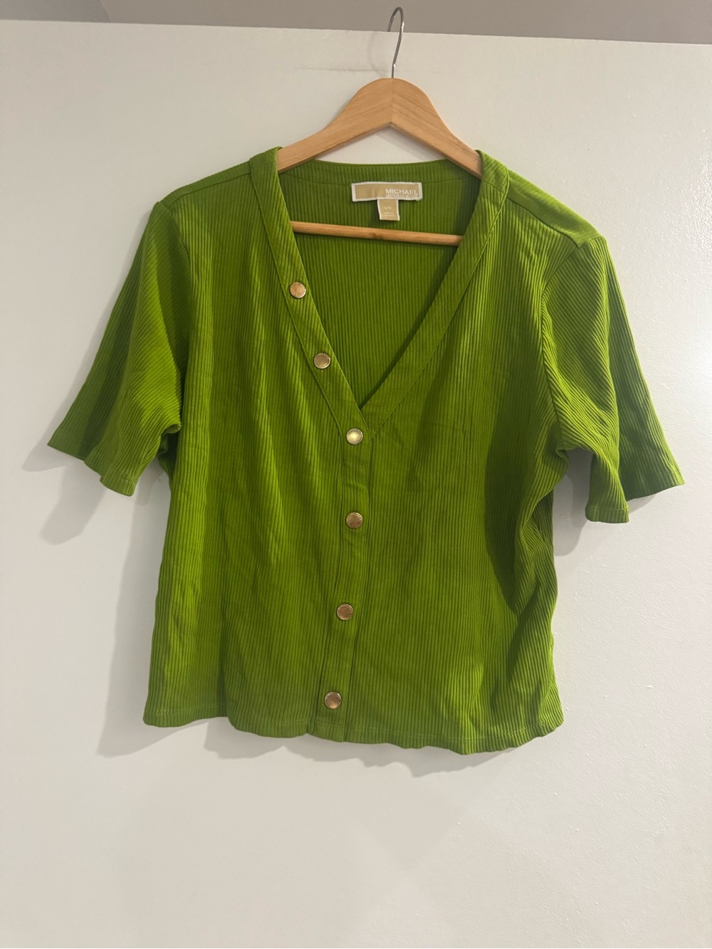 Michael Kors Olive Citron Green Ribbed Button-Front V-Neck Top – Large